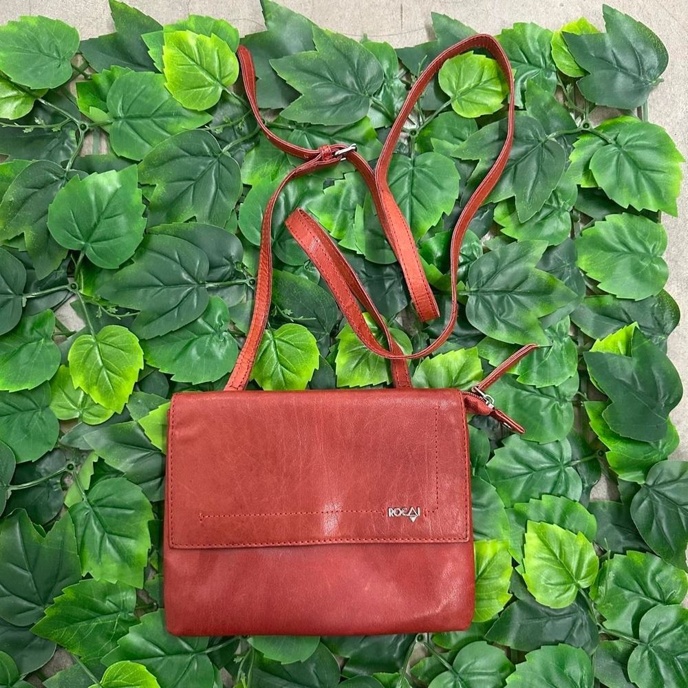 ROCAI Genuine Leather Crossbody Bag Reddish Brown Adjustable Strap Purse